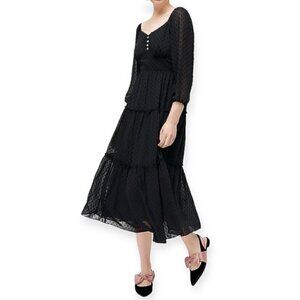 J.Crew‎ Tiered long-sleeve midi dress in swiss dot, Size 2, black, New with tag